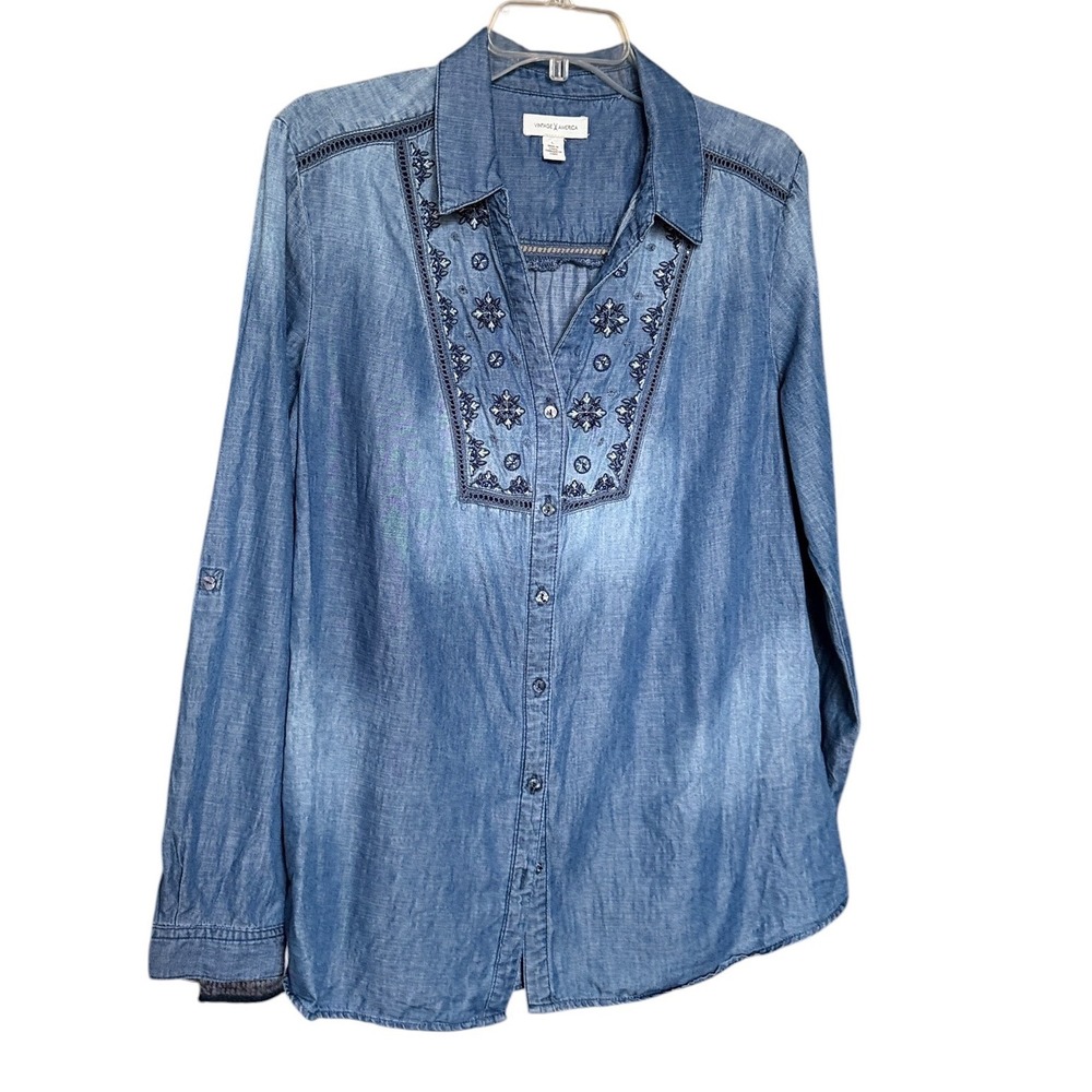 Vintage America Blue Embroidered Beaded Chambray Button Down Shirt Womens L